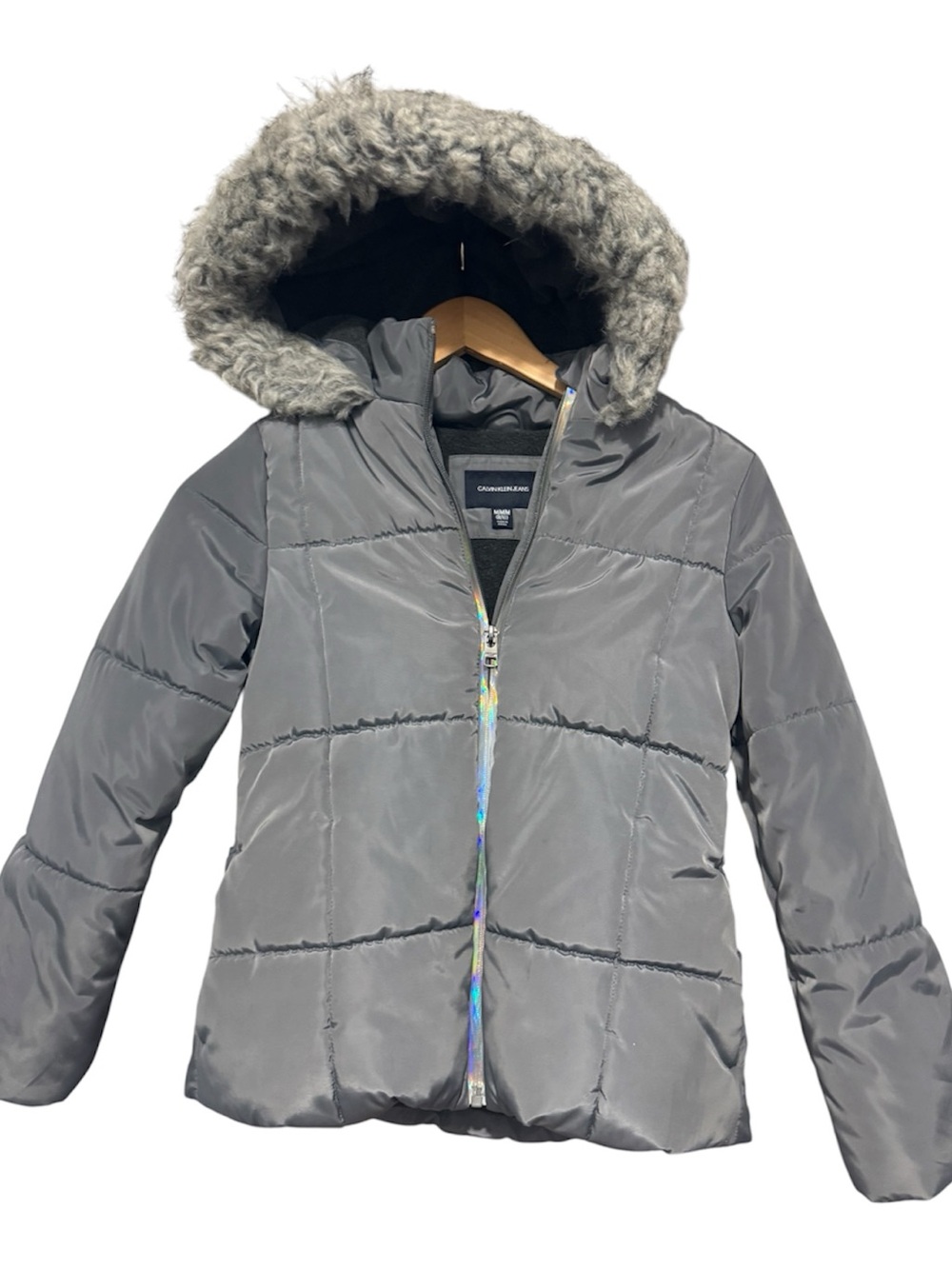 Calvin Klein Jeans Girls' Gray Faux-Fur Hood Puffer Jacket